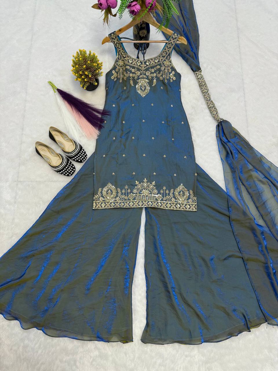 Deep Cyan Heritage Palazzo Set